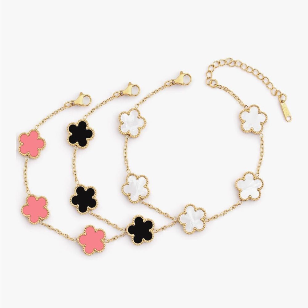 18K Gold Dainty Four Leaf Clover Charm Bracelet Van Cleef Style Set – 3 Piece